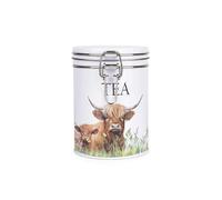 Purely Home Highland Cow & Calf Tea Canister - Farmyard Animals Themed Farmhouse Décor Gifts - White Metal Clip Lid Kitchen Food Storage Jar/Container 700ml (13cm x 9.5cm)