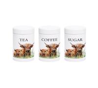 Purely Home Highland Cow & Calf Tea, Coffee And Sugar Canister Set - Farm Animals Home Gift - White Screw Lid Kitchen Storage Containers 750Ml
