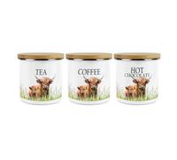 Purely Home Highland Cow & Calf Tea, Coffee And Sugar Set - Countryside Farm Metal Enamel Storage Container