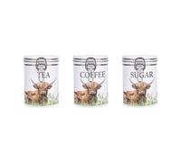 Purely Home Highland Cow & Calf Tea Coffee Sugar Canister Set - Farmyard Animals Themed Décor Gifts - Set Of 3 Metal Clip Lid Storage Jars