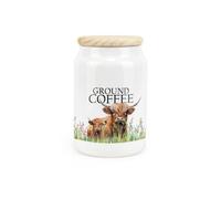 Purely Home Highland Cow Ceramic Ground Coffee Canister - Mum & Calf Farmyard Kitchen Storage Container & Wooden Lid 600Ml (14.5Cm X 9.5Cm)