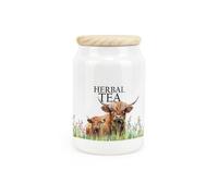 Purely Home Highland Cow Ceramic Herbal Tea Canister - Mum & Calf Farmyard Kitchen Storage Container & Wooden Lid 600Ml (14.5Cm X 9.5Cm)