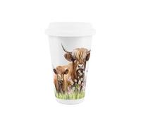 Purely Home Highland Cow Ceramic Travel Mug - Mum & Calf Reusable Silicone Lid Double-Walled Insulated Hot/cold Drinks Tea Coffee Gift Mug