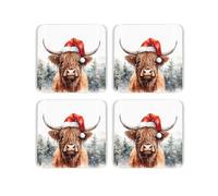 Purely Home Highland Cow Christmas Coaster Set - Festive Cow Xmas Present - Set Of Four (4) Square Drinks Coasters