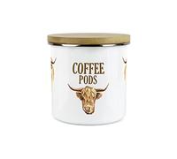 Purely Home Highland Cow Coffee Pods Canister - White Metal Enamel Kitchen Food Storage Container