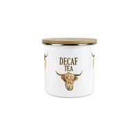 Purely Home Highland Cow Decaf Tea Canister - White Metal Enamel Kitchen Medium Sized Food Storage Container