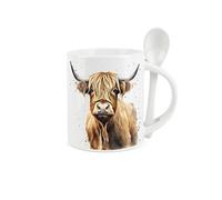 Purely Home Highland Cow Mug and Spoon Set - Farmyard Scottish Cow - Ceramic White Coffee/Tea Mug with Spoon in Handle