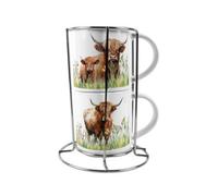 Purely Home Highland Cow Stacking Mugs Set Gift - Countryside Farm Animals Ceramic Cups Set Of 2 With Metal Stand