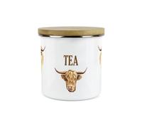 Purely Home Highland Cow Tea Canister - White Metal Enamel Kitchen Food Storage Container