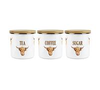 Purely Home Highland Cow Tea Coffee Sugar Canister Set - White Metal Enamel Kitchen Food Storage Containers