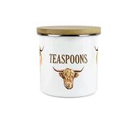 Purely Home Highland Cow Teaspoons Canister - White Metal Enamel Kitchen Food Storage Container