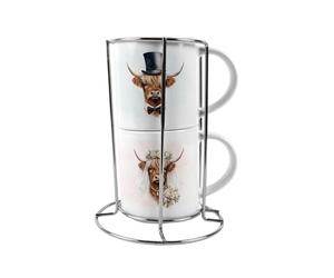 Purely Home Highland Cow Wedding Stacking Mugs Set - His & Hers Novelty Small Ceramic Cups Couples Gift - Set of 2 with Metal Stand