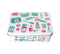 Purely Home Home First Aid Storage Tin - Teal & Pink Cartoon Medical Box Organiser, Rectangular Metal Case 195 X 125 X 75mm