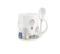 Purely Home Hot Air Balloon Mug and Spoon Set - Fantasy Mountains & Trees - Ceramic White Coffee/Tea Mug with Spoon in Handle