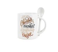 Purely Home Hot Chocolate Mug and Spoon Set - Hot Chocolate Makes Everything Better - Ceramic White Coffee/Tea Mug with Spoon in Handle