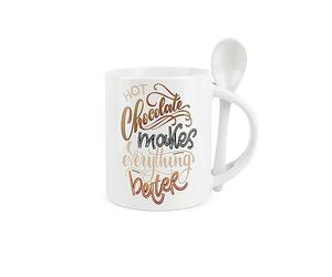 Purely Home Hot Chocolate Mug and Spoon Set - Hot Chocolate Makes Everything Better - Ceramic White Coffee/Tea Mug with Spoon in Handle