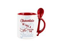 Purely Home Hot Chocolate Mug and Spoon Set - Like A Hug from The Inside - Ceramic Red Coffee/Tea Mug with Spoon in Handle