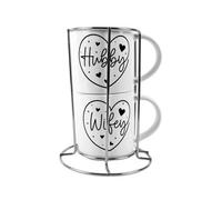 Purely Home Hubby & Wifey Stacking Mugs Set - Novelty Gifts For Couples Ceramic Cups Set Of 2 With Metal Stand