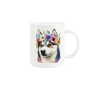 Purely Home Husky Dog Mug - Flower Crown Animal Gift/Present - Tea Coffee White Bone China Mug