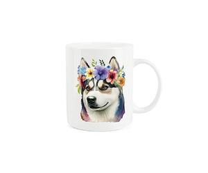 Purely Home Husky Dog Mug - Flower Crown Animal Gift/Present - Tea Coffee White Bone China Mug