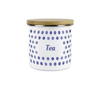 Purely Home Indigo Polka Dots Spots Tea Canister - White Metal Enamel Kitchen Food Storage Container