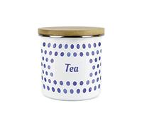 Purely Home Indigo Polka Dots Spots Tea Canister - White Metal Enamel Kitchen Food Storage Container