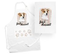 Purely Home Jack Russell Apron & Tea Towel Kitchen Set - Portrait Gifts For Dog Lovers - Cooking And Baking Present Linen Sets