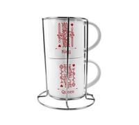 Purely Home King & Queen Stacking Mugs Set Gift - Red Playing Cards Ceramic Cups Set Of 2 With Metal Stand, Classic Game Gifts For Couples