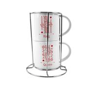 Purely Home King & Queen Stacking Mugs Set Gift - Red Playing Cards Ceramic Cups Set of 2 with Metal Stand, Classic Game Gifts for Couples