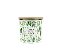 Purely Home Kitchen Herbs Green Tea Storage Canister - White & Green Leaf Metal Enamel Medium Sized Food Storage Container