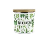Purely Home Kitchen Herbs Small Biscuits Storage Canister - White & Green Leaf Metal Enamel 1.2L Food Storage Container Gift