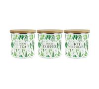 Purely Home Kitchen Herbs Storage Canister Set - Metal Enamel White & Green Leaf Decaf Tea Decaf Coffee Hot Chocolate Hot Drinks Storage Container Set of 3