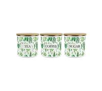 Purely Home Kitchen Herbs Storage Canister Set - White & Green Leaf Tea Coffee Sugar Metal Enamel Food Storage Containers Set of 3