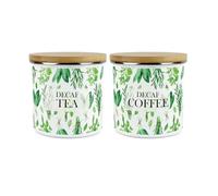 Purely Home Kitchen Herbs Storage Canisters Set - White & Green Leaf Decaf Tea/Decaf Coffee Homewares Presents - Metal Enamel Hot Drinks Storage Container Kitchen Gift Set of 2
