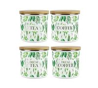 Purely Home Kitchen Herbs Storage Canisters Set - White & Green Leaf Tea/Coffee/Decaf Tea/Decaf Coffee Homewares Presents - Metal Enamel Hot Drinks Storage Container Kitchen Gift Set of 4