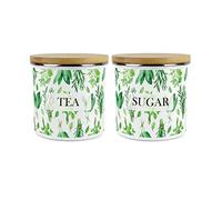Purely Home Kitchen Herbs Tea and Sugar Canister Set - White & Green Metal Enamel Kitchen Food Storage Containers