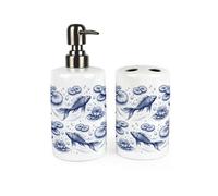 Purely Home Koi Fish Bathroom Set - Refillable Ceramic Soap Dispenser & Toothbrush Holder