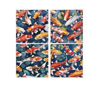 Purely Home Koi Fish Ceramic Coaster Set - Square Fish Pond Set Of Four (4) Coasters Gift