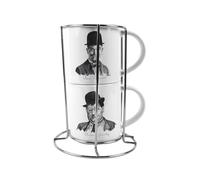 Purely Home Laurel & Hardy Stacking Mugs Set Gift - Vintage Comedy Ceramic Cups Set of 2 with Metal Stand