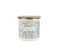 Purely Home Leaves Decaf Tea Storage Canister - Green Leaves Palm Print White Metal Enamel Medium Sized Food Storage Container