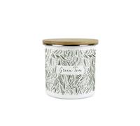 Purely Home Leaves Green Tea Storage Canister - Green Leaves Palm Print White Metal Enamel Medium Sized Food Storage Container