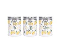 Purely Home Lemons Tea, Coffee & Sugar Canister Set - White Metal Clip Lid Kitchen Storage Jar/Container Gift 700ml (13cm x 9.5cm)