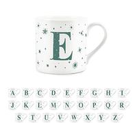 Purely Home Letter E Star Mug - Bone China White Coffee/Tea Present Gift - Alphabet Letter Mug with Stars in Teal Green Blue