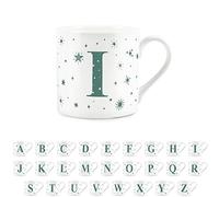 Purely Home Letter I Star Mug - Bone China White Coffee/Tea Present Gift - Alphabet Letter Mug with Stars in Teal Green Blue