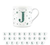 Purely Home Letter J Star Mug - Bone China White Coffee/Tea Present Gift - Alphabet Letter Mug with Stars in Teal Green Blue