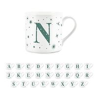 Purely Home Letter N Star Mug - Bone China White Coffee/Tea Present Gift - Alphabet Letter Mug with Stars in Teal Green Blue