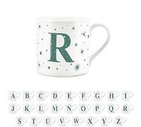 Purely Home Letter R Star Mug - Bone China White Coffee/Tea Present Gift - Alphabet Letter Mug with Stars in Teal Green Blue