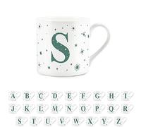 Purely Home Letter S Star Mug - Bone China White Coffee/Tea Present Gift - Alphabet Letter Mug with Stars in Teal Green Blue