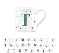 Purely Home Letter T Star Mug - Bone China White Coffee/Tea Present Gift - Alphabet Letter Mug with Stars in Teal Green Blue