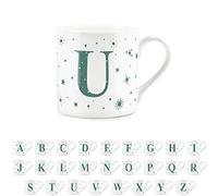 Purely Home Letter U Star Mug - Bone China White Coffee/Tea Present Gift - Alphabet Letter Mug with Stars in Teal Green Blue